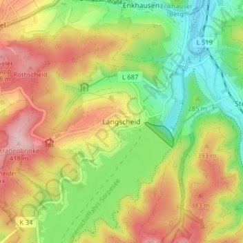 Topografische Karte Langscheid, Höhe, Relief
