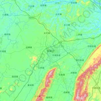 Topografische Karte 铜梁区, Höhe, Relief