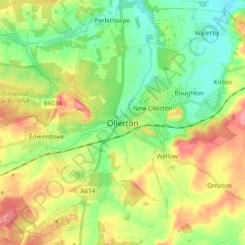 Topografische Karte Ollerton, Höhe, Relief