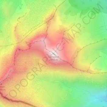 Topografische Karte Gjeravicë, Höhe, Relief