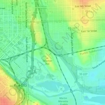 Topografische Karte Pueblo Junction, Höhe, Relief