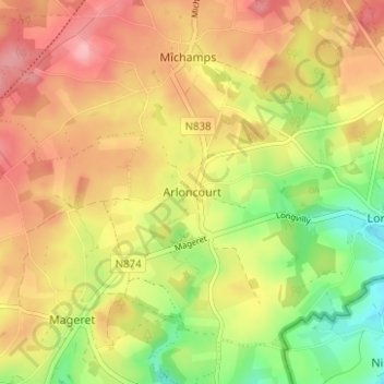 Topografische Karte Arloncourt, Höhe, Relief