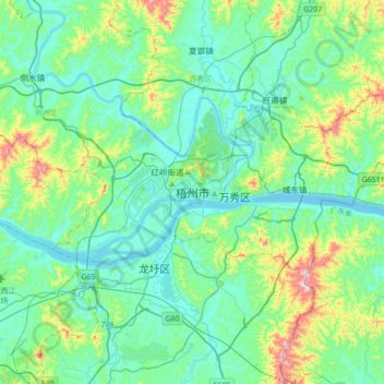 Topografische Karte 梧州市, Höhe, Relief
