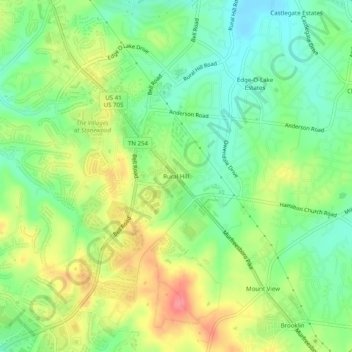 Topografische Karte Rural Hill, Höhe, Relief