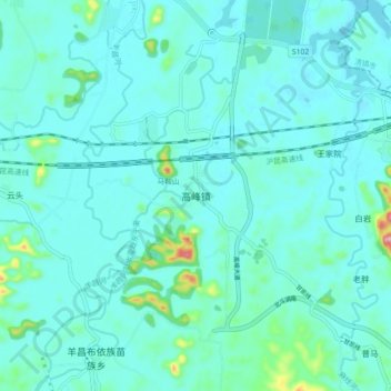 Topografische Karte 高峰镇, Höhe, Relief
