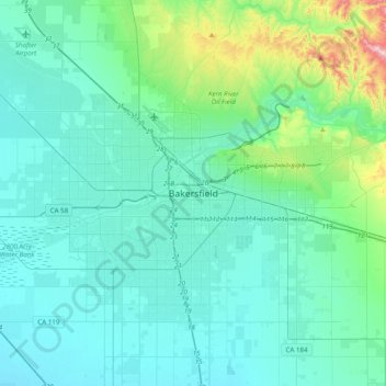 Topografische Karte Bakersfield, Höhe, Relief