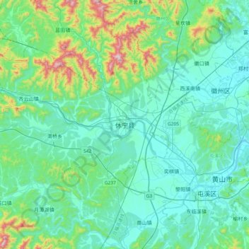 Topografische Karte 休宁县, Höhe, Relief