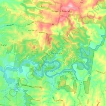 Topografische Karte North Warrandyte, Höhe, Relief