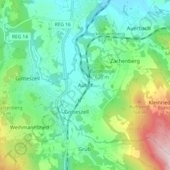Topografische Karte Auhof, Höhe, Relief