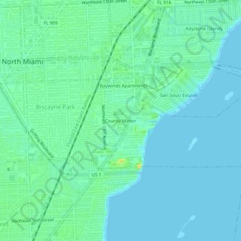 Topografische Karte Courtly Manor, Höhe, Relief