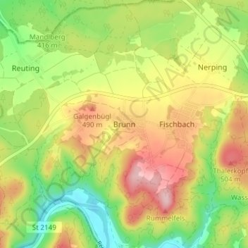 Topografische Karte Brunn, Höhe, Relief