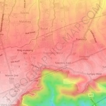 Topografische Karte Tolentino West, Höhe, Relief