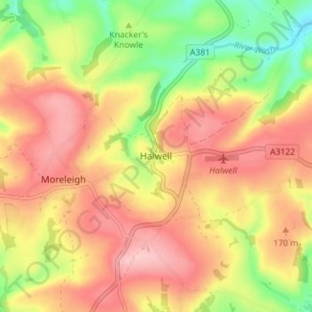 Topografische Karte Halwell, Höhe, Relief