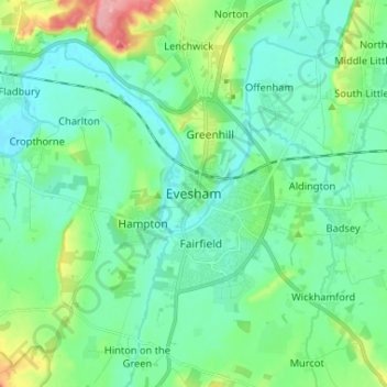 Topografische Karte Evesham, Höhe, Relief