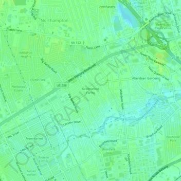 Topografische Karte Greenwood Farms, Höhe, Relief