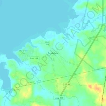 Topografische Karte Brookeland, Höhe, Relief