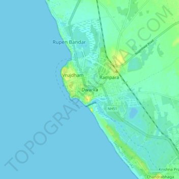 Topografische Karte Dwarka, Höhe, Relief