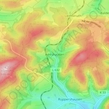 Topografische Karte Amtshausen, Höhe, Relief