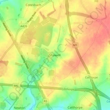 Topografische Karte Shawell, Höhe, Relief