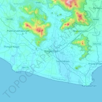 Topografische Karte Nagercoil, Höhe, Relief