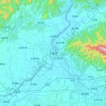 Topografische Karte 兰溪市, Höhe, Relief