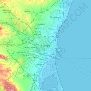 Topografische Karte Valencia, Höhe, Relief