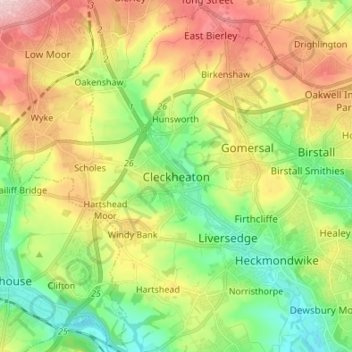 Topografische Karte Cleckheaton, Höhe, Relief