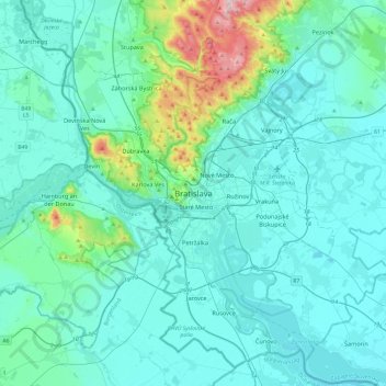 Topografische Karte Bratislava, Höhe, Relief