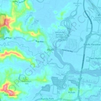 Topografische Karte Bli Bli, Höhe, Relief