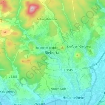 Topografische Karte Biebertal, Höhe, Relief