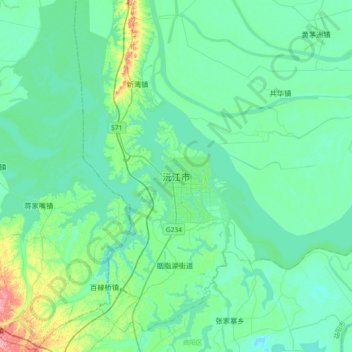 Topografische Karte 沅江市, Höhe, Relief