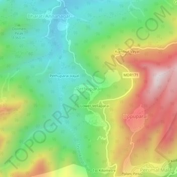 Topografische Karte Pethuparai, Höhe, Relief