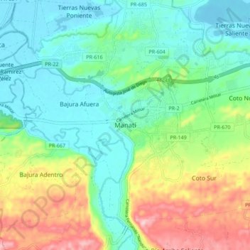 Topografische Karte Manatí, Höhe, Relief