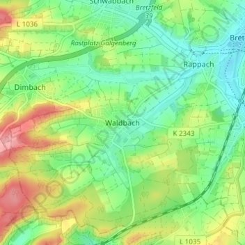 Topografische Karte Waldbach, Höhe, Relief