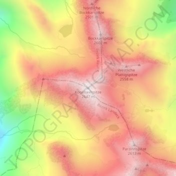 Topografische Karte Kogelseespitze, Höhe, Relief