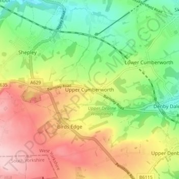 Topografische Karte Upper Cumberworth, Höhe, Relief