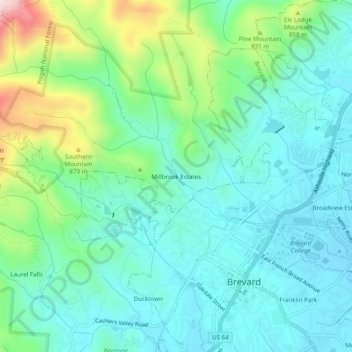 Topografische Karte Millbrook Estates, Höhe, Relief