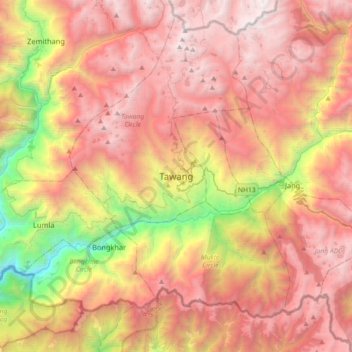 Topografische Karte Tawang, Höhe, Relief