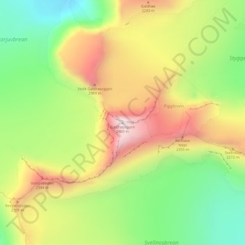 Topografische Karte Galdhøpiggen, Höhe, Relief