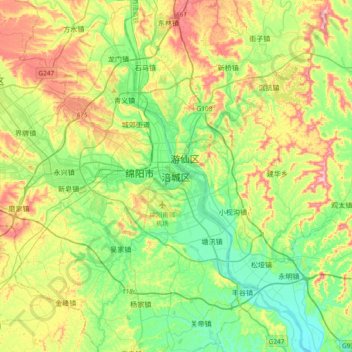 Topografische Karte 涪城区, Höhe, Relief