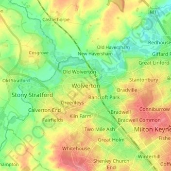 Topografische Karte Wolverton, Höhe, Relief