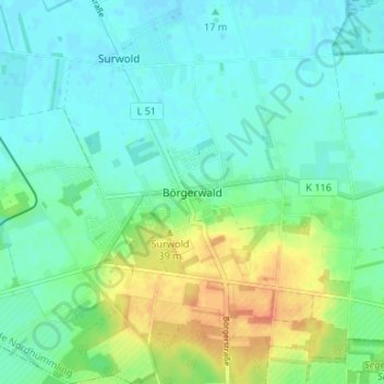 Topografische Karte Börgerwald, Höhe, Relief