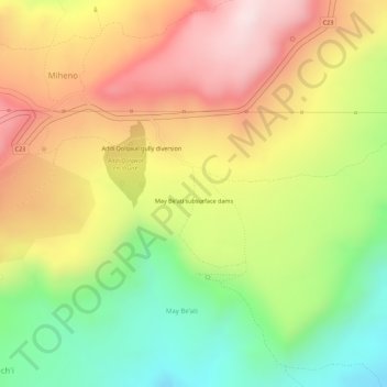 Topografische Karte May Be'ati subsurface dams, Höhe, Relief