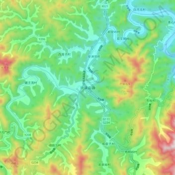 Topografische Karte 琉璃庙镇, Höhe, Relief