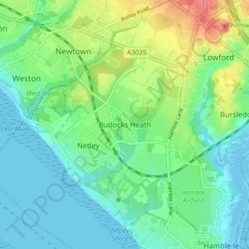 Topografische Karte Butlocks Heath, Höhe, Relief