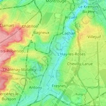 Topografische Karte Bourg-la-Reine, Höhe, Relief