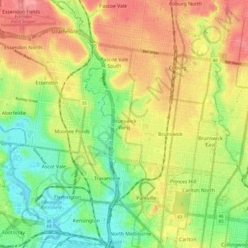 Topografische Karte Brunswick West, Höhe, Relief