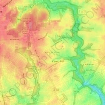 Topografische Karte Kemp Mill Estates, Höhe, Relief