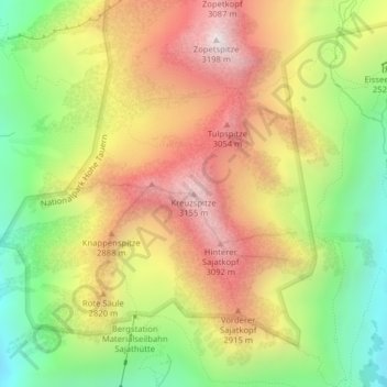 Topografische Karte Kreuzspitze, Höhe, Relief