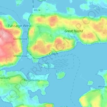 Topografische Karte Cobh, Höhe, Relief